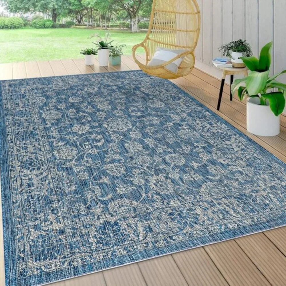 New 8x10 Boho Navy Gray Rug Indoor Outdoor Non-Slip Area Carpet for Home & Patio